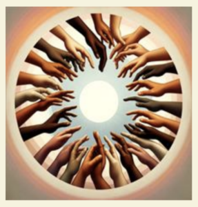 A circle of hands reaching toward light