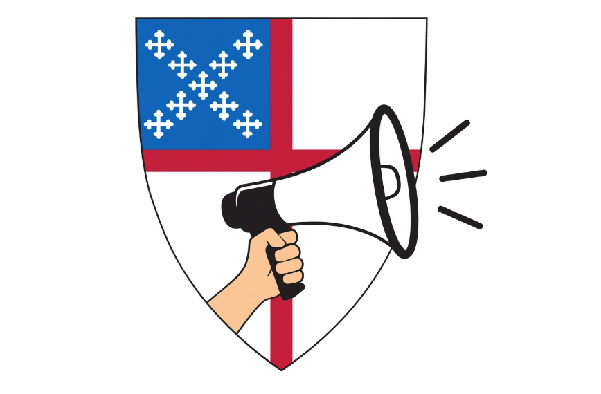 The Episcopal Church Shield with a megaphone over top.
