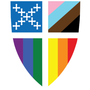 The shield of the Episcopal Church with a rainbow pride flag