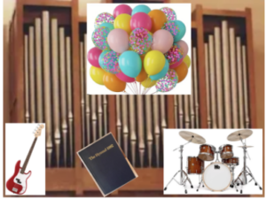 Shows a picture of musical instruments and balloons