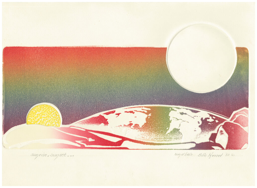 A colorful print showing sunrise and sunset