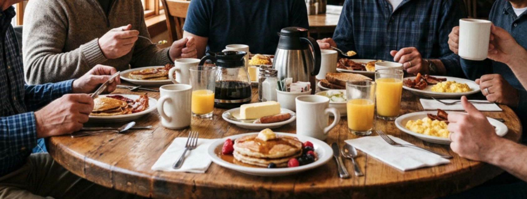 People gathered around a table with coffee and eggs