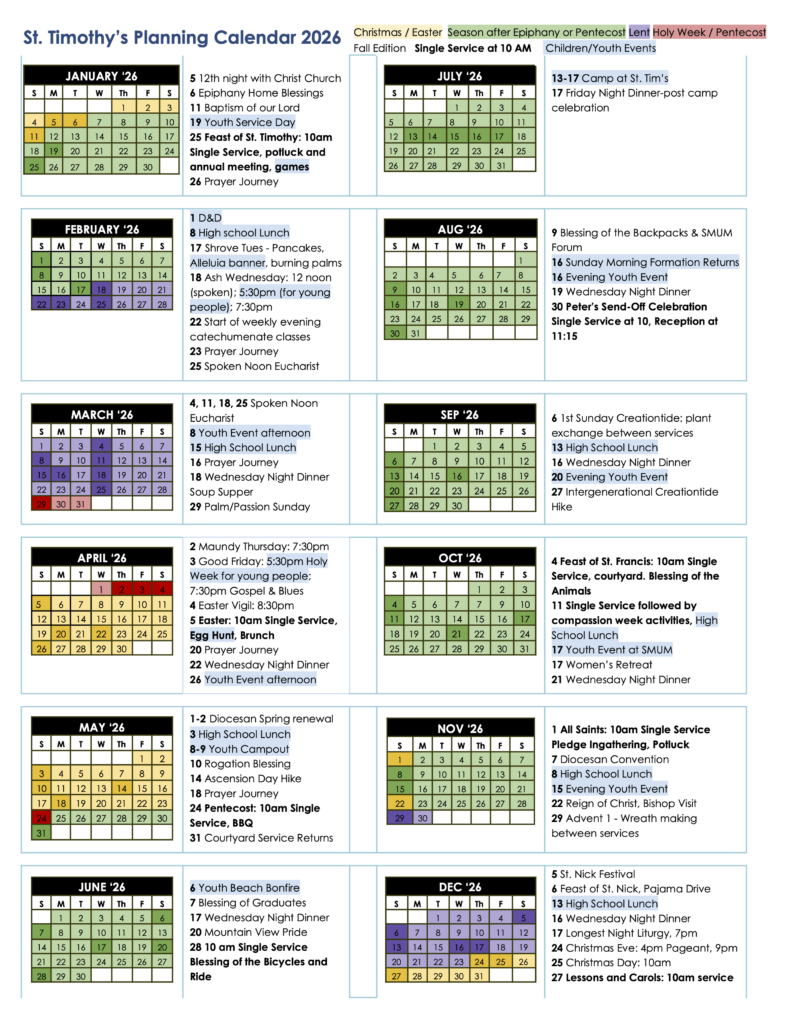 St. Tim's planning calendar