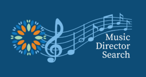 Music notes and the text "music director search"