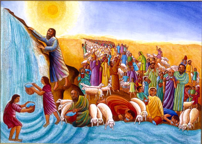 Moses gets water from a rock.