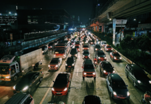 Cars driving in the city at night