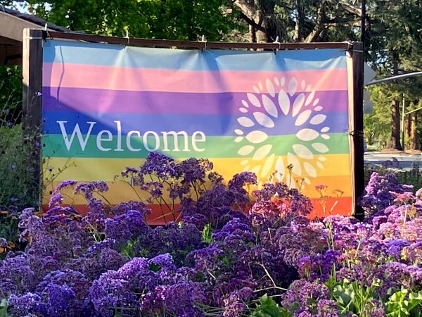 White text saying Welcome over a rainbow background